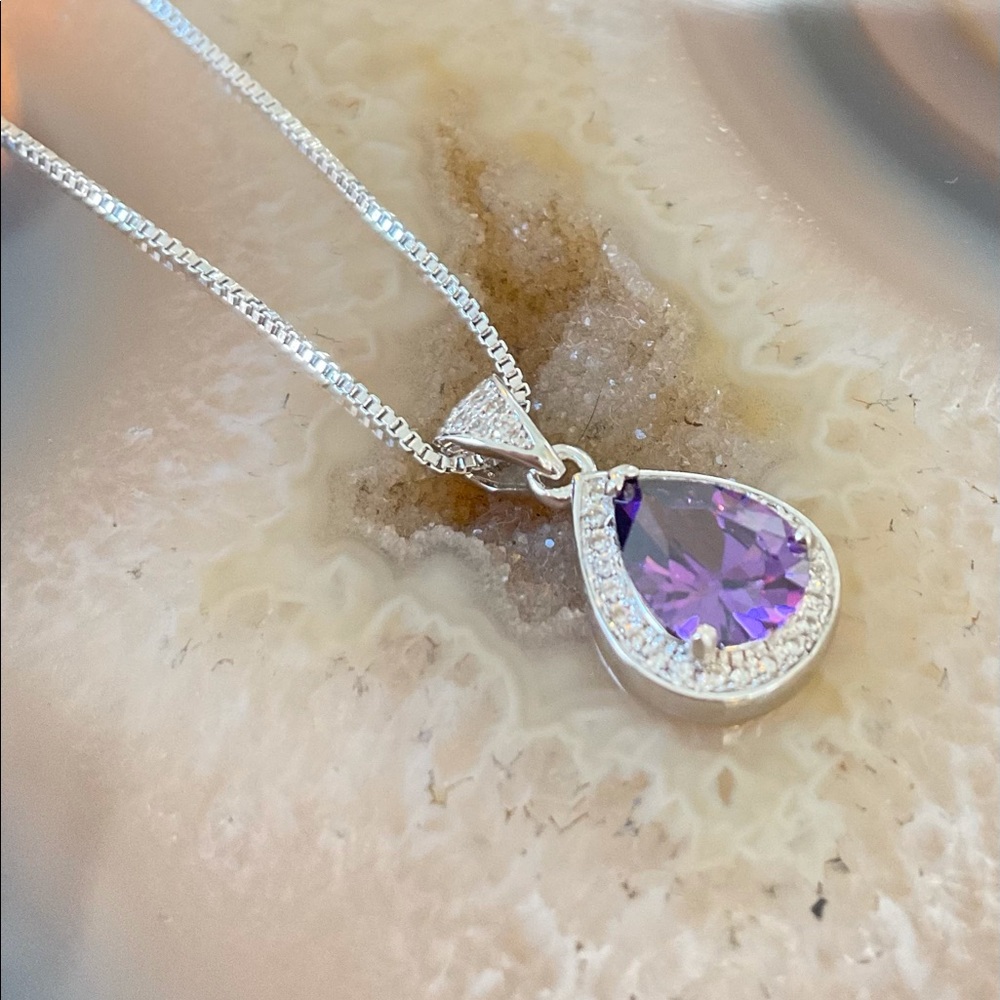 Sterling silver teardrop cz amethyst pendant necklace new February birthstone